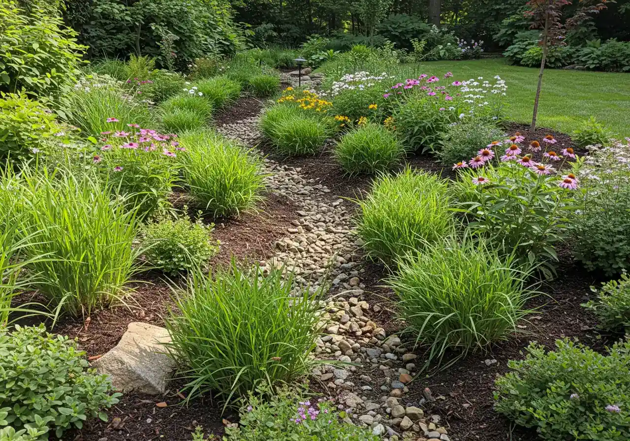 A beautiful, established residential bioswale functioning as intended. Show a gently sloping, shallow channel filled with a variety of healthy, moisture-tolerant native plants (grasses, sedges, flowering perennials like coneflowers or joe pye weed) and some smooth river stones. The soil looks moist but not flooded. Capture the aesthetic appeal and ecological function.