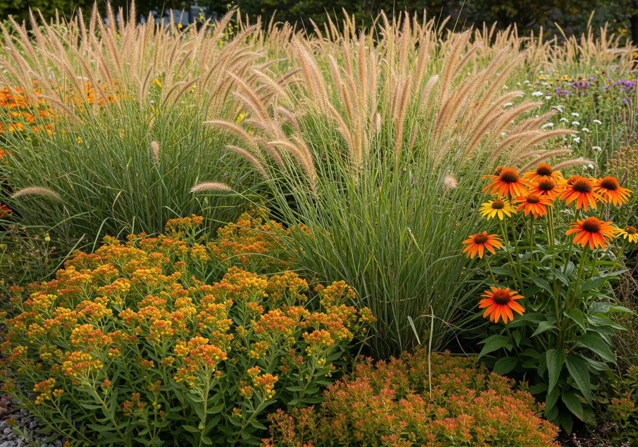 A medium close-up shot showcasing a dense planting of several different recommended xeriscape perennials blooming together. Focus on the contrasting textures and forms: the sturdy pink flower heads of Sedum 'Autumn Joy', the feathery plumes of Feather Reed Grass 'Karl Foerster', and the daisy-like blooms of orange Coneeflowers (Echinacea). The plants look healthy and well-established in full sun.