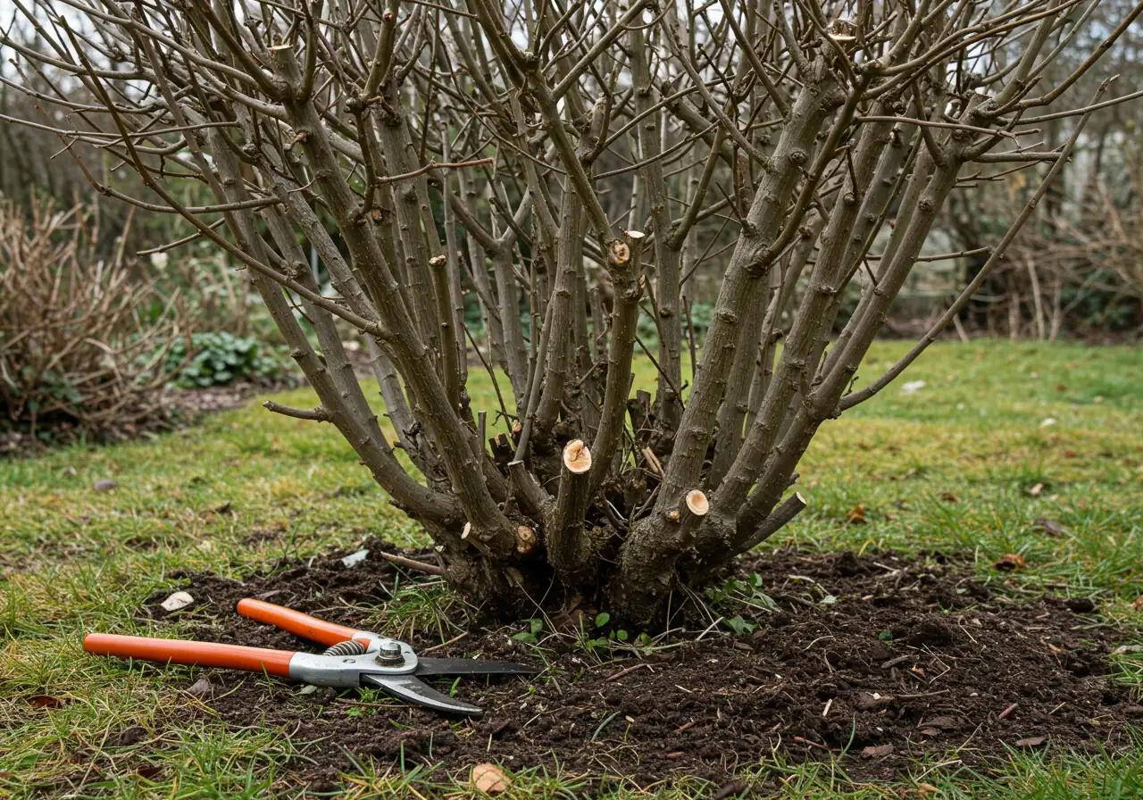 Base of a multi-stemmed shrub showing several old, thick stems cut near ground level (Gradual Renewal method), with younger stems remaining.