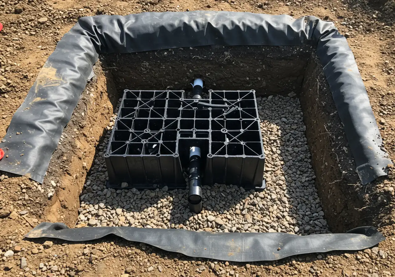 An overhead or slightly elevated photograph showing the crucial installation stage of the hidden basin. It should clearly depict the excavated area lined with black pond liner, the water storage vault/matrix blocks partially installed within the liner, and surrounding gravel fill. No water should be present yet, emphasizing the construction components before the final rockwork.