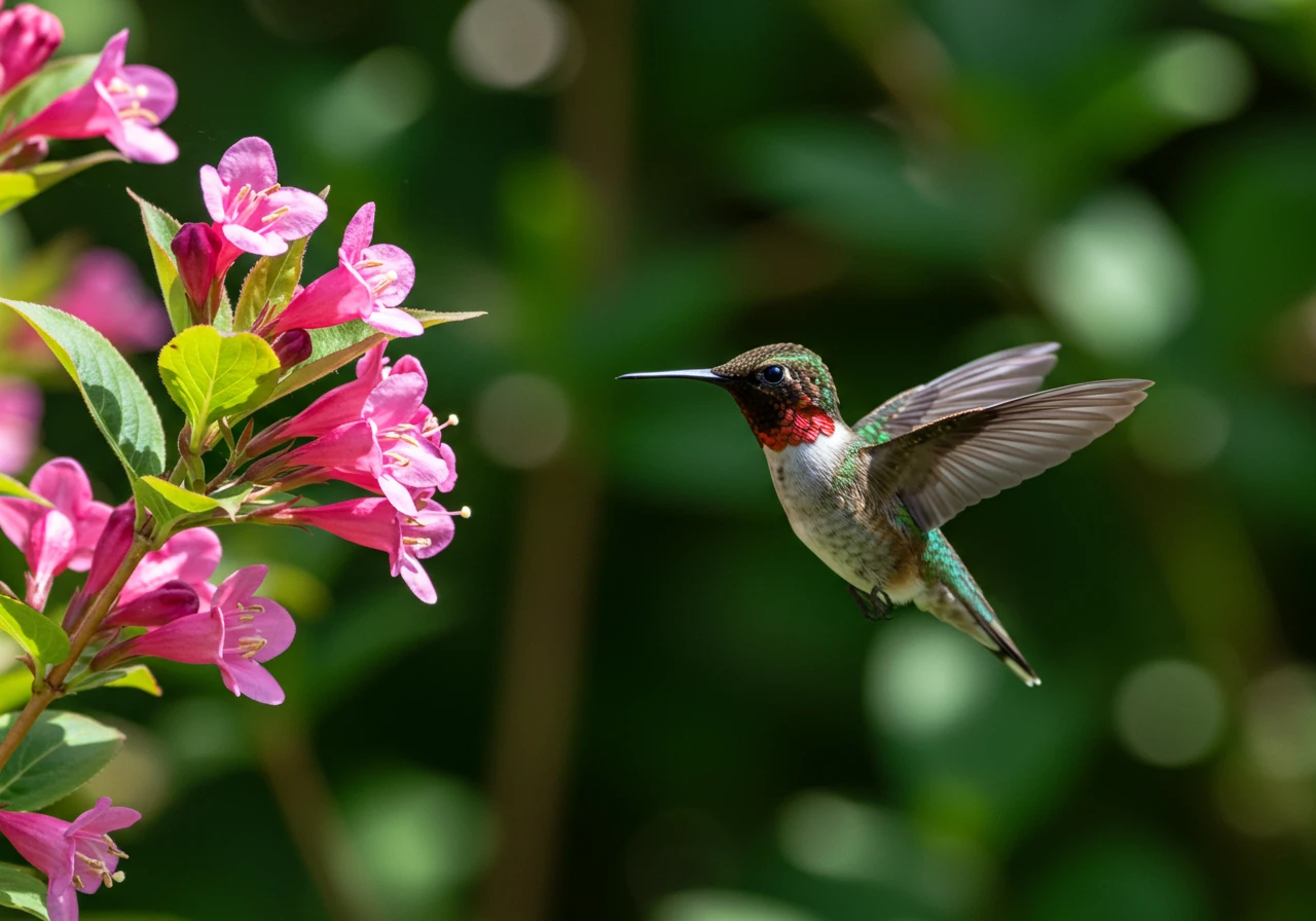 An image capturing a Ruby-throated Hummingbird hovering mid-air as it feeds from the nectar of a Weigela flower. The focus should be sharp on the hummingbird and the specific cluster of flowers it's visiting, with the Weigela shrub providing a natural, slightly blurred background. The motion of the hummingbird's wings could be slightly blurred to convey movement.