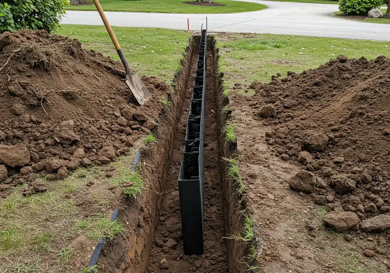 A photograph depicting the installation process of a root barrier. Show a deep, narrow trench dug in dark, slightly clay-heavy soil next to a paved pathway. A section of black root barrier panel is being carefully lowered vertically into the trench. A shovel rests on the pile of excavated earth nearby. No people or hands visible, focus on the tools and materials in the landscape context.