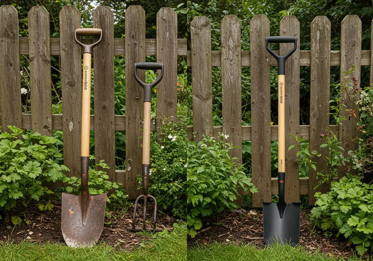 A visual comparison showing a traditional, short-handled metal garden spade leaning next to a modern, long-handled ergonomic spade with a D-grip handle. Both tools are clean and lean against a weathered wooden garden fence, surrounded by healthy green foliage. The focus is on the difference in handle length and design features, highlighting the ergonomic advantage without showing anyone using them.