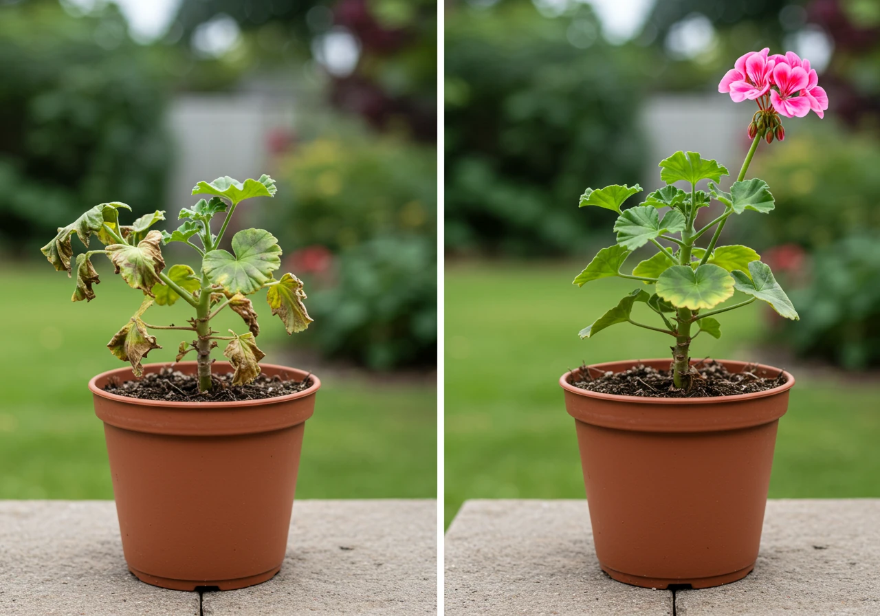 A clear, side-by-side comparison photo showing two identical potted plants. The plant on the left is severely wilted, with drooping leaves and stems, illustrating 'The Dramatic Faint'. The plant on the right is healthy, vibrant, and turgid. Both are set against a neutral, slightly blurred garden background under natural daylight.