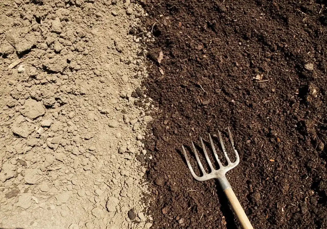 A visually clear image showing the process of soil amendment. Half the frame shows poor, pale, clumpy compacted soil, while the other half shows a generous layer of rich, dark compost spread on top, perhaps partially worked into the poor soil with a garden fork or spade resting nearby (no hands shown). The contrast between the original soil and the amendment should be stark.