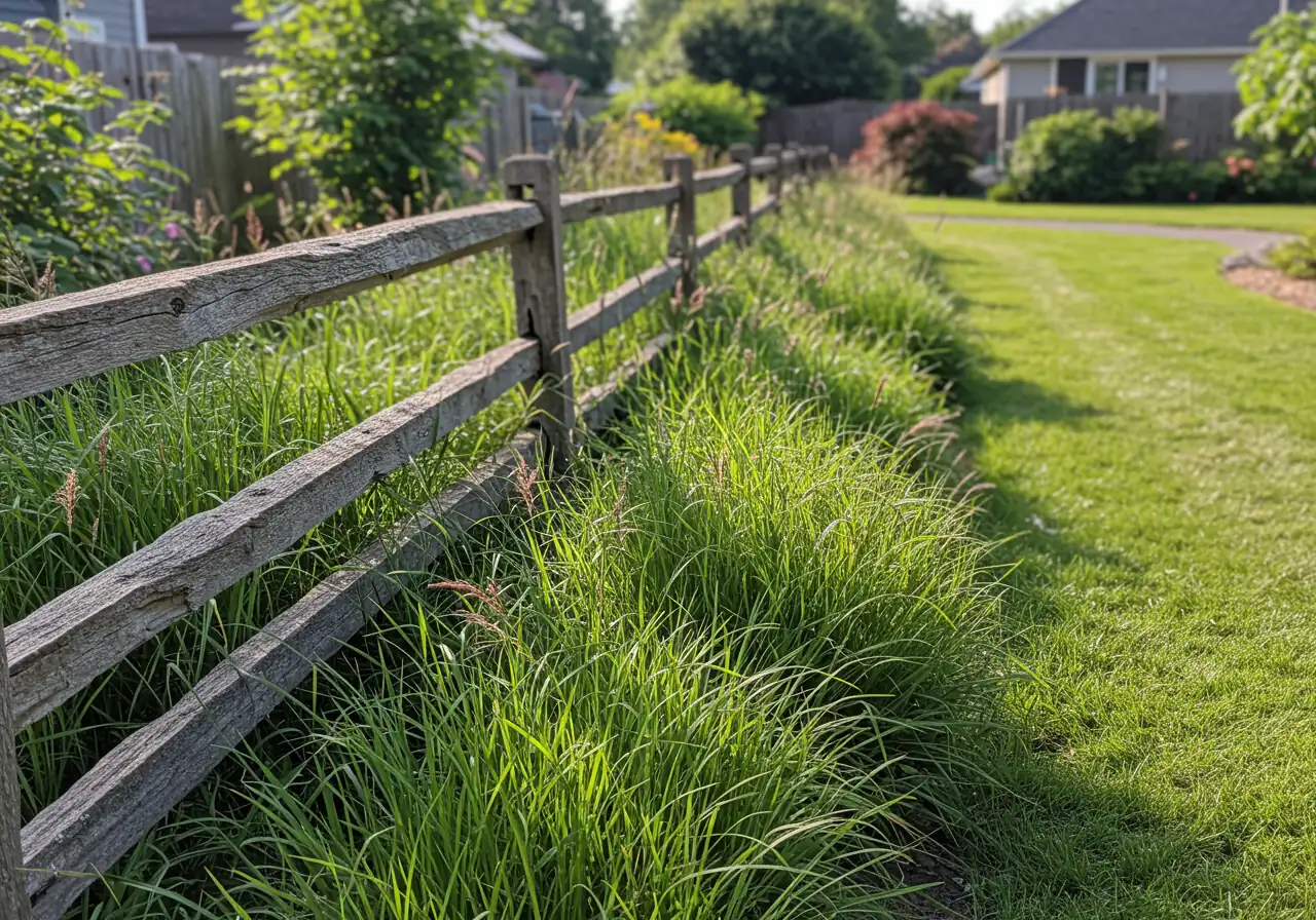A view looking along a subtle property line between two suburban backyards, perhaps marked by a low, rustic wooden fence or simply a transition in planting. On both sides, complementary native plantings (e.g., matching native ornamental grasses or flowering shrubs) create a visible, continuous strip of habitat, visually demonstrating the concept of connected yards forming a wildlife corridor. Focus on the shared planting area, blurring the distant background.