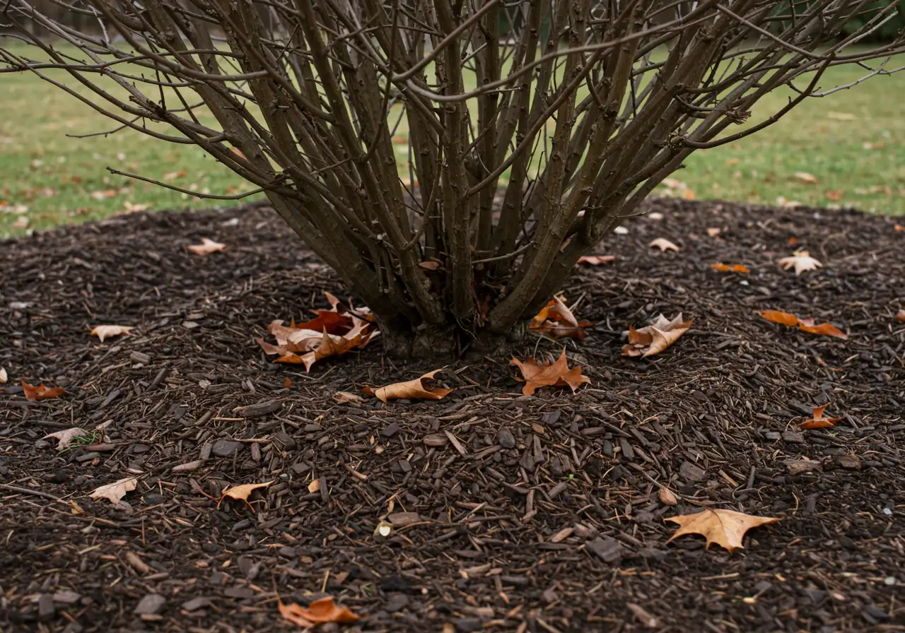 An illustrative image showing the base of a shrub properly mulched for winter. A thick layer of dark wood chip mulch forms a 'donut' shape around the base, pulled back several inches from the actual stems to prevent rot and deter pests. The surrounding ground is cool soil, perhaps with a few scattered fall leaves. Focus on the correct mulching technique.