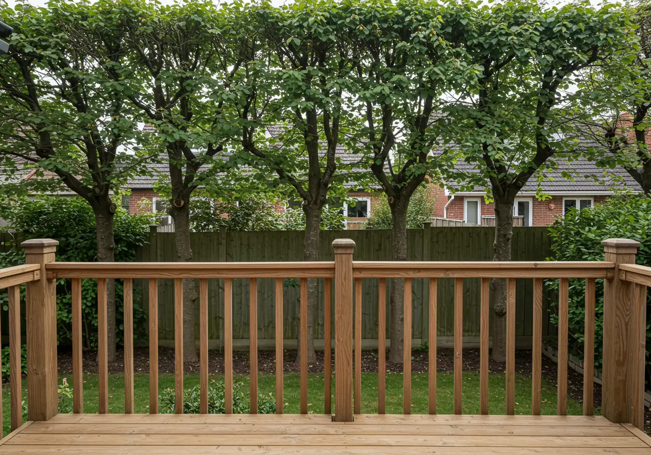 An image demonstrating the practical benefit of pleaching for privacy in a residential setting. Show a perspective from a slightly elevated viewpoint (like a deck or second-story window) looking towards a neighbouring property, where a row of pleached trees effectively screens the view above a standard low fence, while still allowing light and openness at ground level.