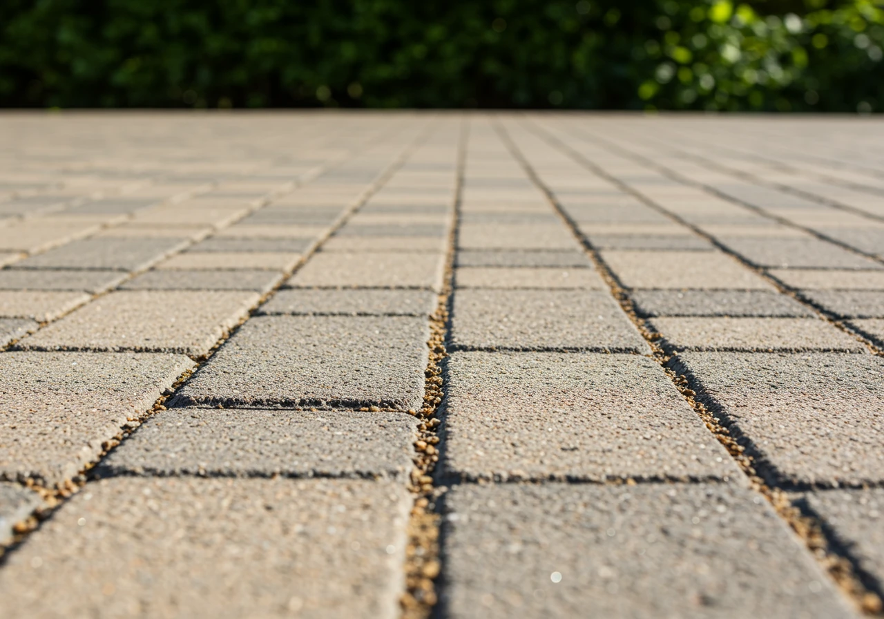 A visually appealing photograph showcasing a well-installed interlocking concrete paver patio. The image should highlight the pattern (e.g., running bond or herringbone), uniform joints filled with polymeric sand, and the texture of high-quality pavers. Soft, natural light enhances the colours and shapes. Could show a corner section with clean edges against a garden bed (no people).