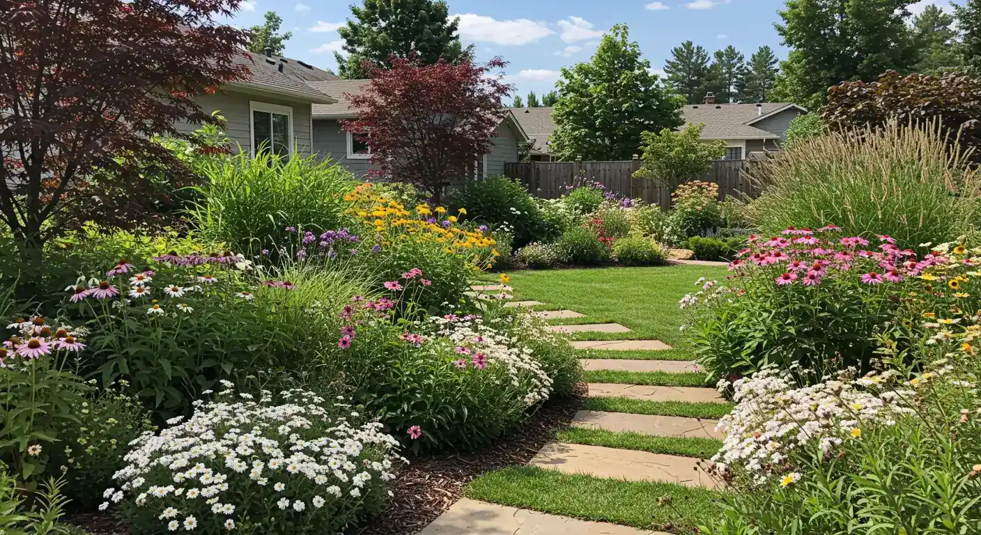 A wide shot of a beautiful, mature xeriscape garden bed replacing a traditional front lawn area. It features a variety of textures and colors from drought-tolerant plants like purple coneflowers, yellow yarrow, silvery lamb's ear, and upright ornamental grasses. A flagstone path winds through it, and there's minimal visible lawn. The overall impression is lush, vibrant, and water-wise, suitable for an Ottawa suburban setting.