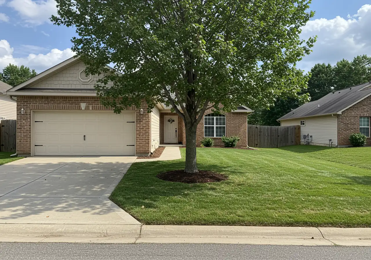 A wide-angle photograph of a well-landscaped residential property. Illustrate 'smart planting' by showing a healthy, medium-sized deciduous tree planted intentionally far away (e.g., 15-20 feet) from the house foundation and the edge of a concrete driveway. The spacing should look deliberate and ample, promoting root growth away from structures. Sunny day, neat lawn, aesthetically pleasing.