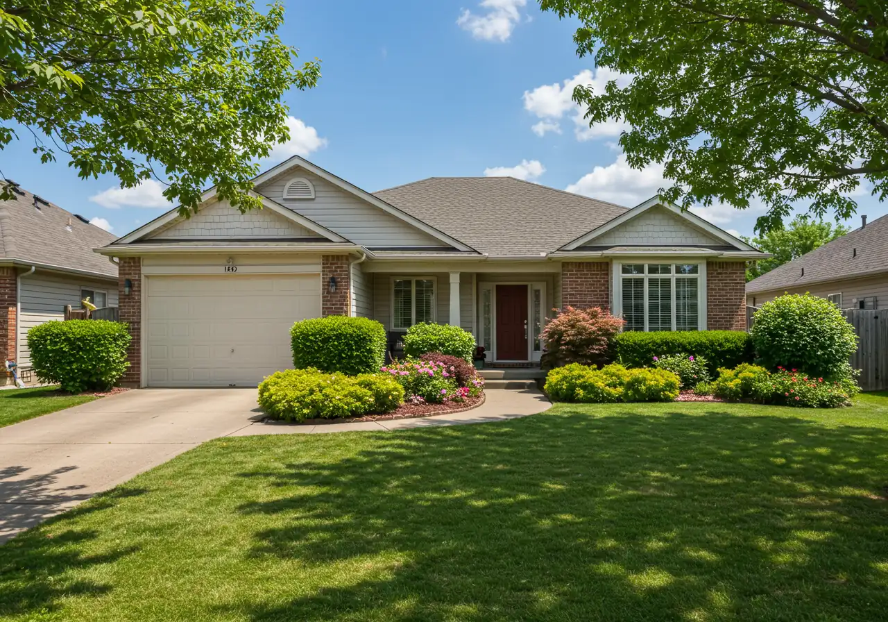 A bright, appealing photograph showcasing the front facade and yard of a well-maintained suburban home, demonstrating excellent curb appeal. Focus on the neatly shaped, healthy green shrubs that frame the house and walkway appropriately. The lawn should be tidy, maybe some colourful flowers visible. Sunny summer day, conveying a welcoming and valuable property.