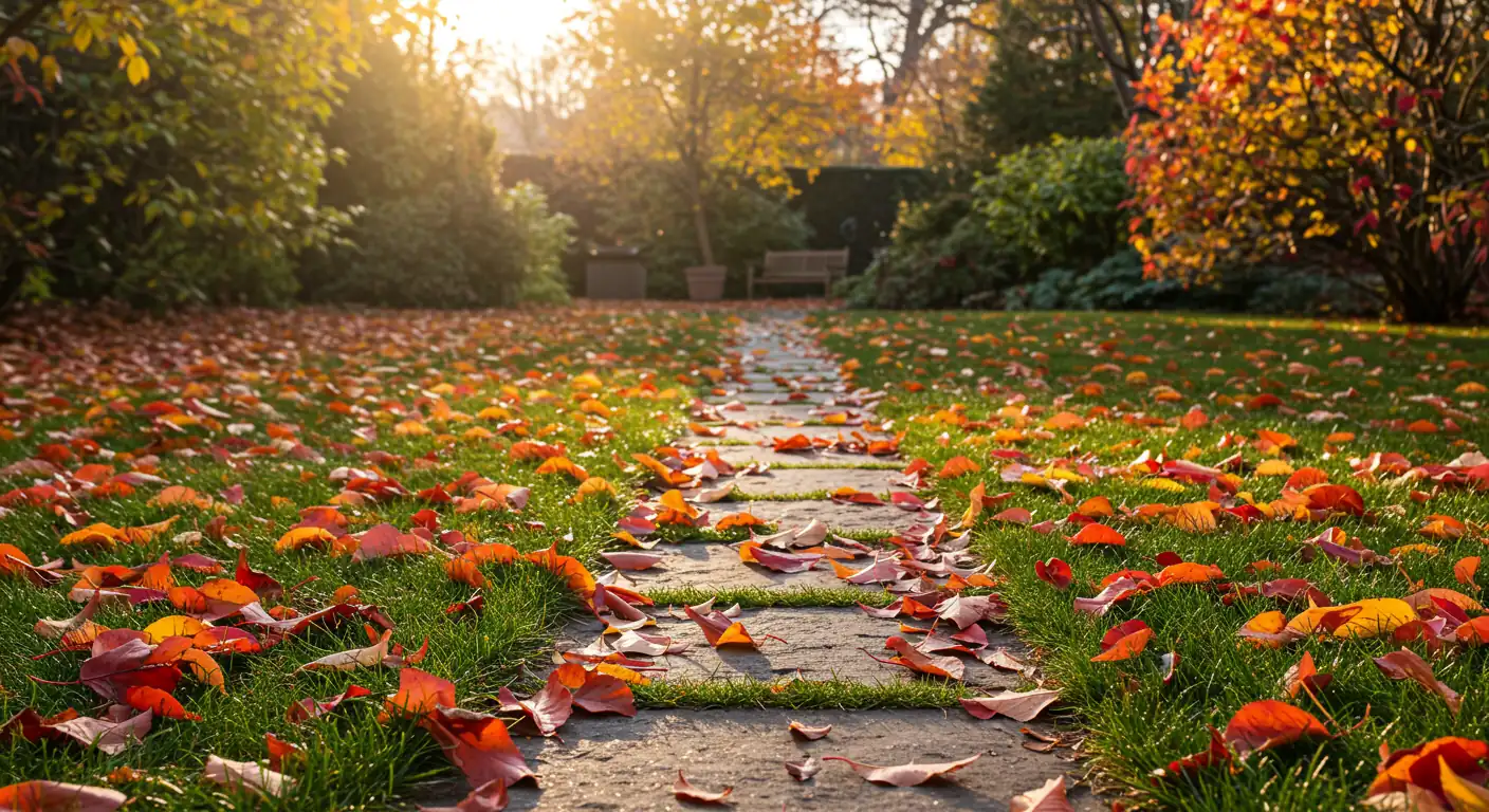 A visually striking image capturing the essence of autumn abundance in a Metcalfe garden setting. Focus solely on a thick, vibrant carpet of fallen leaves (reds, oranges, yellows) covering a significant portion of a lawn and perhaps spilling onto a stone pathway. The sheer volume should subtly hint at the cleanup task ahead without showing any tools or people. Morning light enhances the colours and textures.