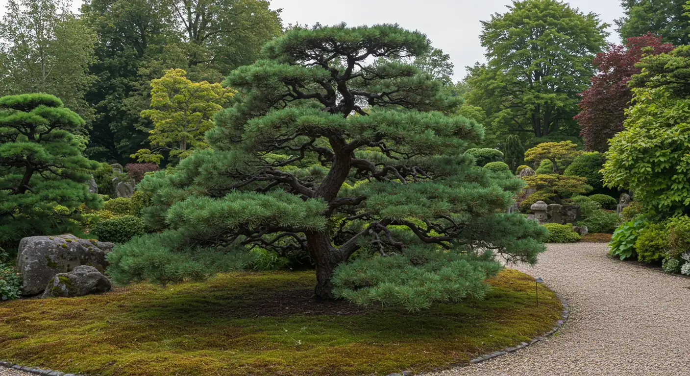 A striking photograph of a mature, beautifully sculpted cloud pruned juniper standing as a focal point in a well-maintained garden. The image should clearly show the distinct 'cloud' pads of foliage and the gracefully exposed branch structure, illustrating the artistic Niwaki style mentioned.