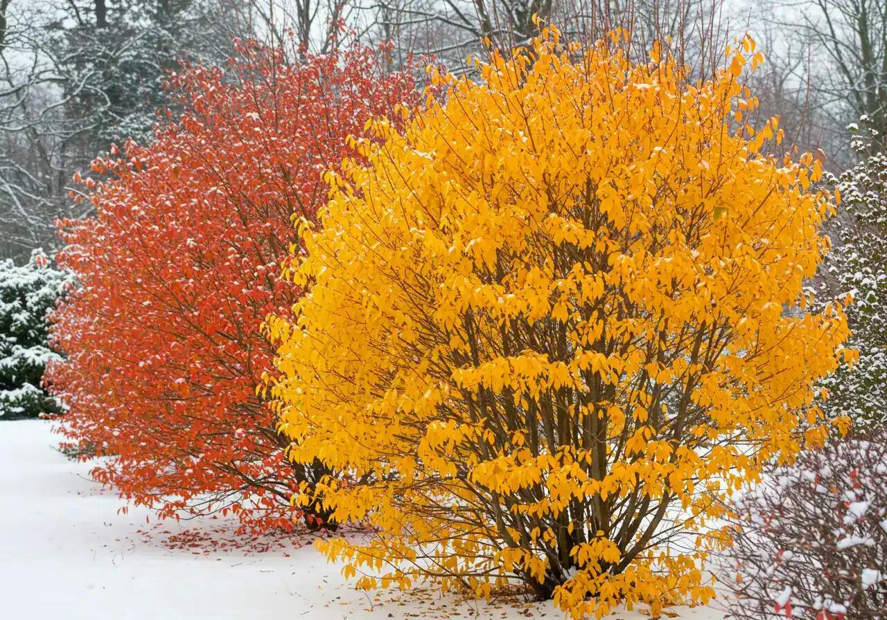 A visually appealing composition showing two different types of dogwood shrubs planted near each other in a snowy garden setting. On one side, showcase the bright golden-yellow stems of 'Cornus sericea Flaviramea' (Yellow Twig Dogwood). On the other side, display the fiery orange-to-red gradient stems of 'Cornus sanguinea Midwinter Fire'. The contrast between the yellow and the fiery blend should be clear. The snow cover should be natural, perhaps with some fallen leaves peeking through near the base. No other plants should dominate the frame.