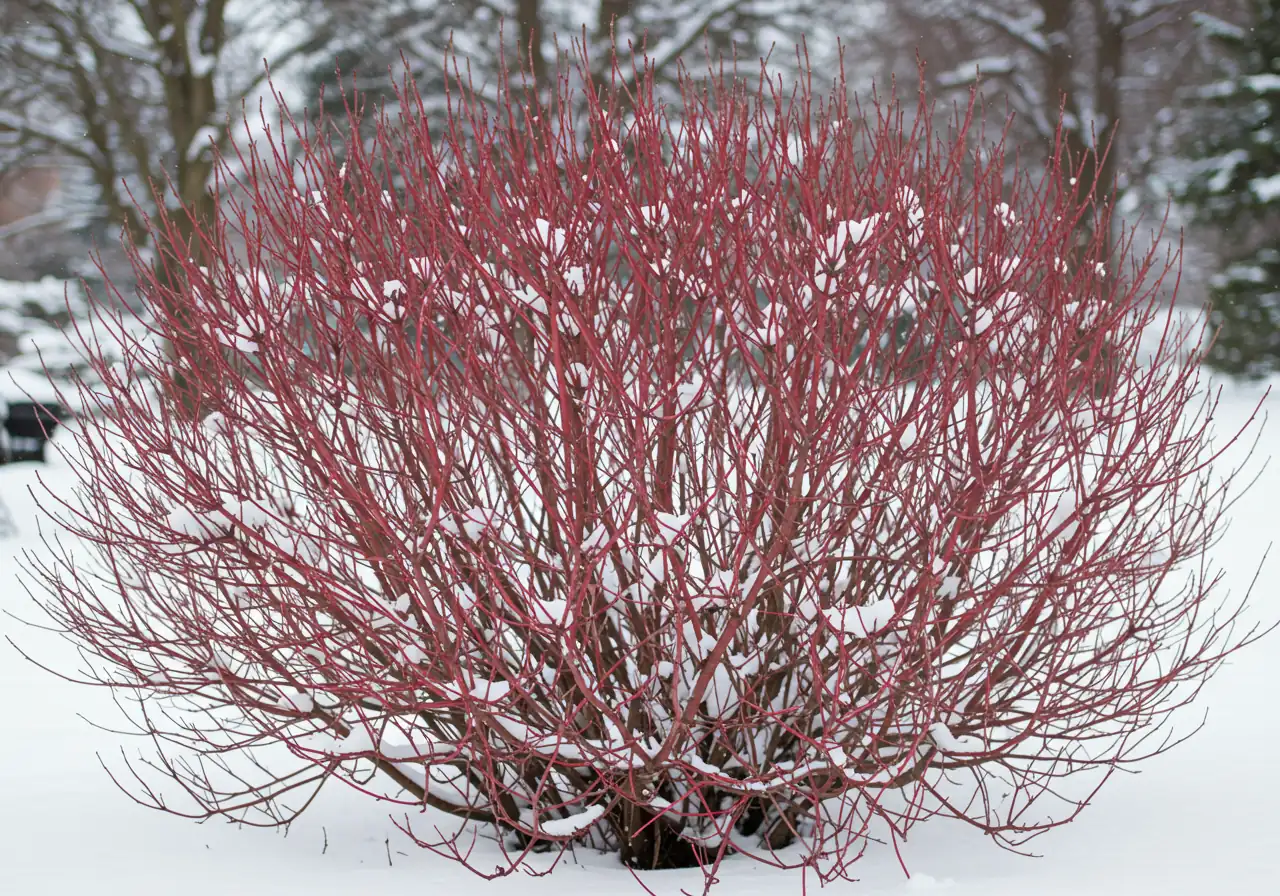 A vibrant photograph focusing on a cluster of Red Osier Dogwood shrubs during the dormant season (late fall or winter). The image should highlight the striking bright red colour of the bare stems, showcasing their winter interest and suggesting hardiness against a muted or slightly snowy garden background.