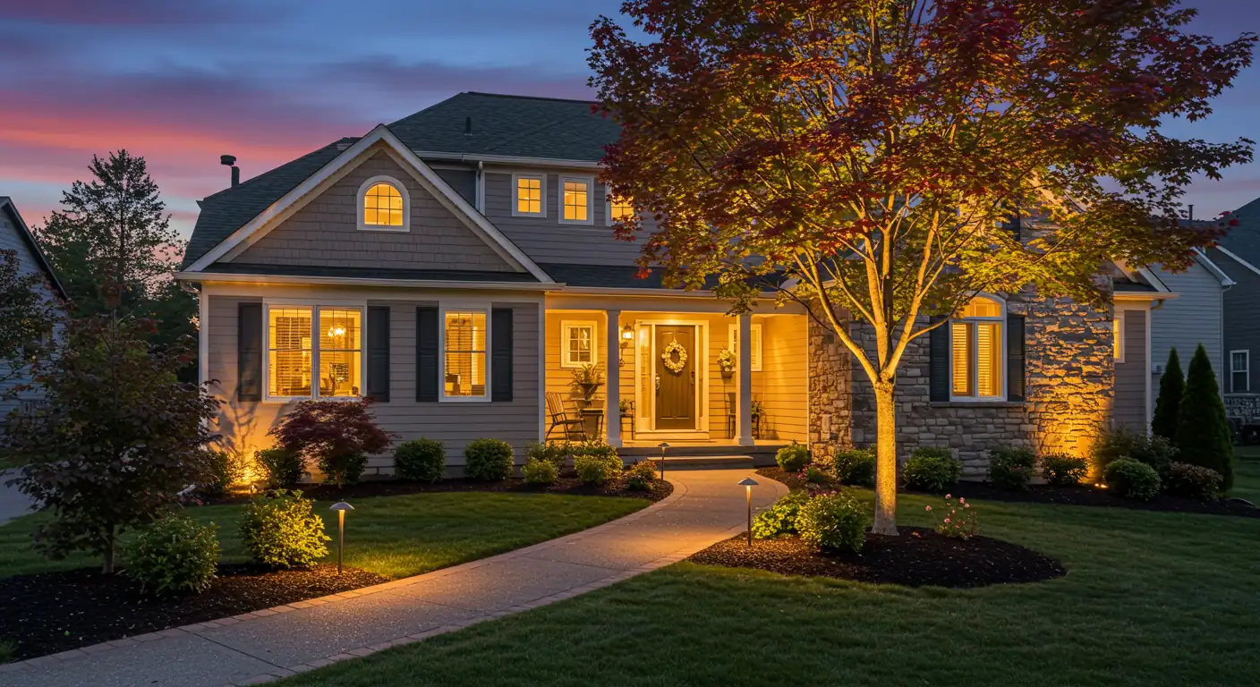 A welcoming view of a well-lit suburban home's front yard at dusk. The image should highlight path lights illuminating the walkway to the front door, subtle uplighting on a prominent tree, and perhaps soft light washing the house facade near the entrance. The overall feeling should be safe, inviting, and aesthetically pleasing, showcasing the 'curb appeal' aspect discussed.