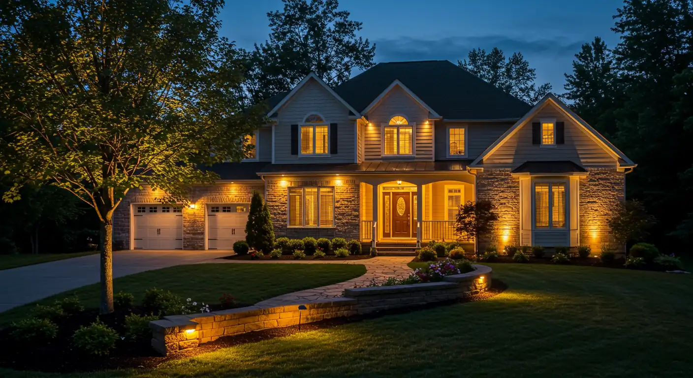 A beautifully landscaped suburban home at twilight, featuring professionally installed landscape lighting. Warm light washes the facade, path lights illuminate the walkway leading to the front door, and spotlights highlight architectural features and key trees. The overall impression is welcoming, elegant, and secure. No people, cars, or text.