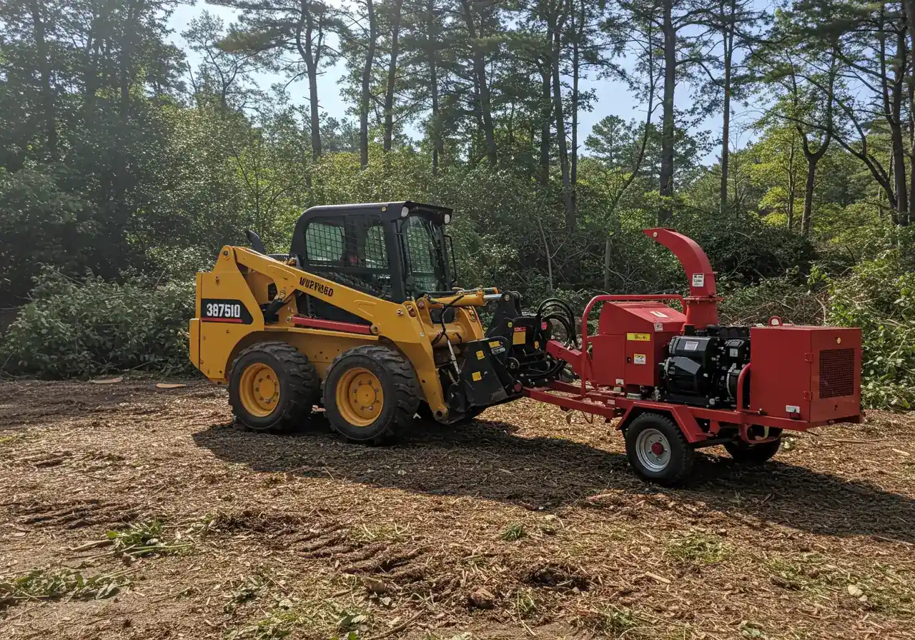 A clean, professional photograph of essential land clearing machinery parked neatly on a patch of partially cleared ground. Show a small yellow skid steer loader with a grapple attachment positioned next to a portable wood chipper. No operators visible. The background shows some remaining uncleared brush or trees, implying the tools are ready for the job.