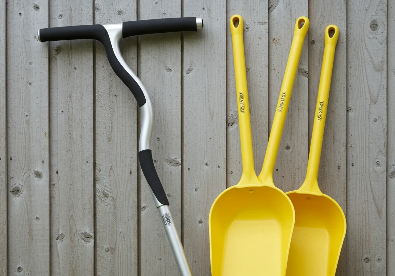 A clean, well-lit still life arrangement showcasing key ergonomic fall cleanup tools. Feature an ergonomic leaf rake with a noticeable curved or S-shaped handle and cushioned grip, alongside a pair of long-handled leaf scoops/grabbers made of durable plastic. Position them leaning against a clean, neutral background like a garden shed wall or fence, emphasizing their design.