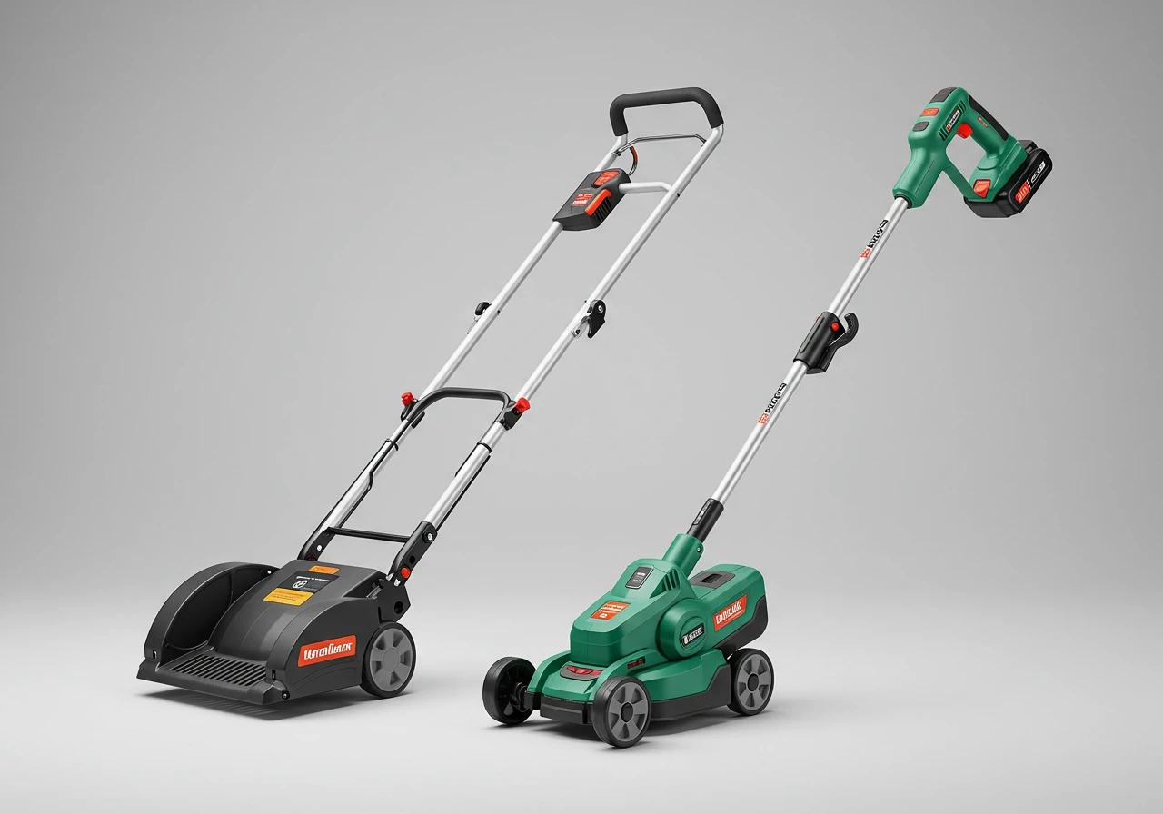 A clean, professional studio-style shot showcasing two types of ergonomic edgers side-by-side against a neutral background: a long-handled manual step edger and a sleek battery-powered stick edger, focusing on their distinct designs.