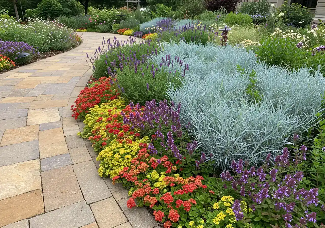 Provide visual inspiration for attractive pathside plantings. An image capturing a beautifully designed curved stone pathway bordered by a lush mix of heat-tolerant plants featuring contrasting textures and forms. Include examples like low-growing groundcover sedum spilling over the edge, upright ornamental grass (like Blue Fescue), and mounding flowering perennials (like Catmint or Lavender). The planting looks full, intentional, and visually appealing.
