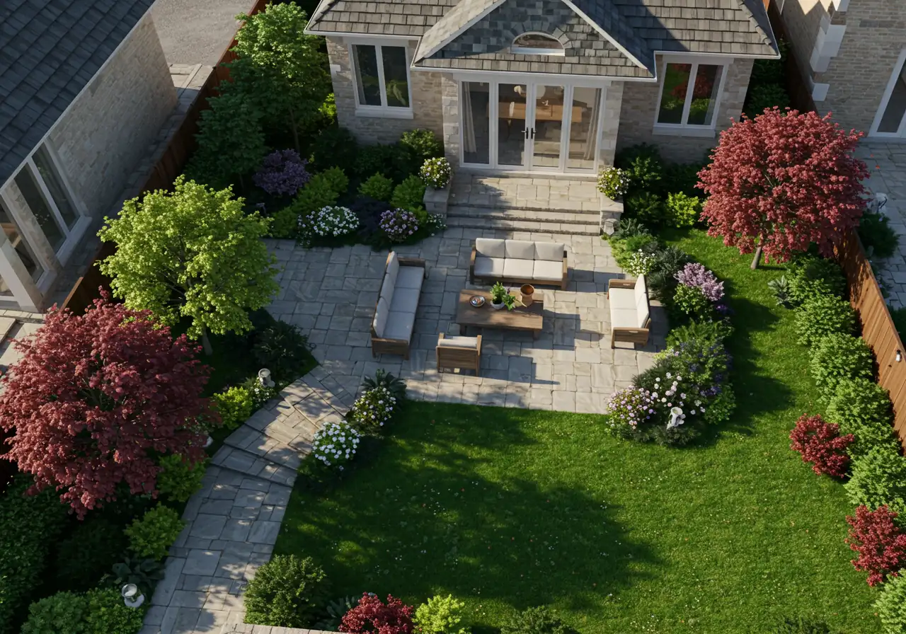 A vibrant, detailed 3D landscape design rendering of a beautiful backyard. It should show a well-placed stone patio with virtual outdoor furniture, surrounding garden beds with lush (virtual) plants of varying heights and textures, a manicured lawn area, and perhaps a glimpse of a pergola or water feature, demonstrating the realism and visualization benefits.