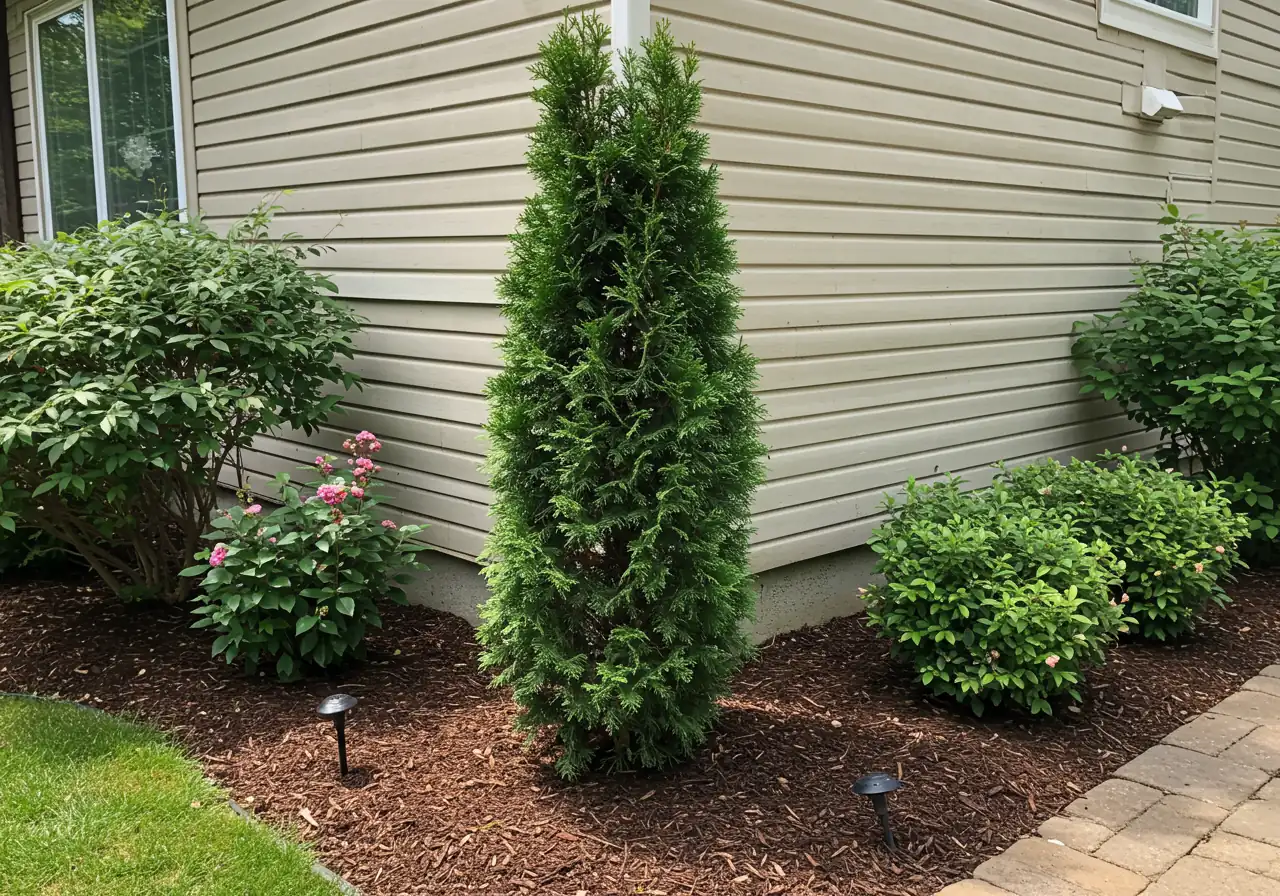 A clear, well-composed photograph illustrating a narrow upright shrub, like the described 'Degroot's Spire' Cedar, planted appropriately in a very tight space. Show the tall, slender evergreen shrub thriving in a mulched bed between a house wall (brick or siding visible) and a walkway, emphasizing its verticality and minimal footprint.
