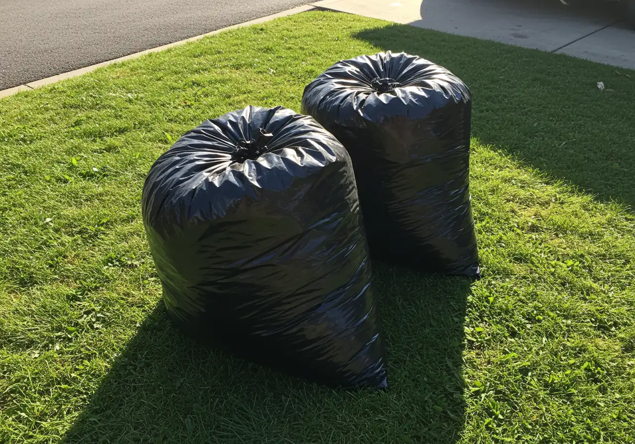 A photograph depicting two large, heavy-duty black plastic garbage bags tightly sealed and placed side-by-side on a sunny patch of lawn or paved area. The bags should appear full. Condensation might be subtly visible on the inside surface of one bag to suggest the heating process of solarization for invasive plant disposal.