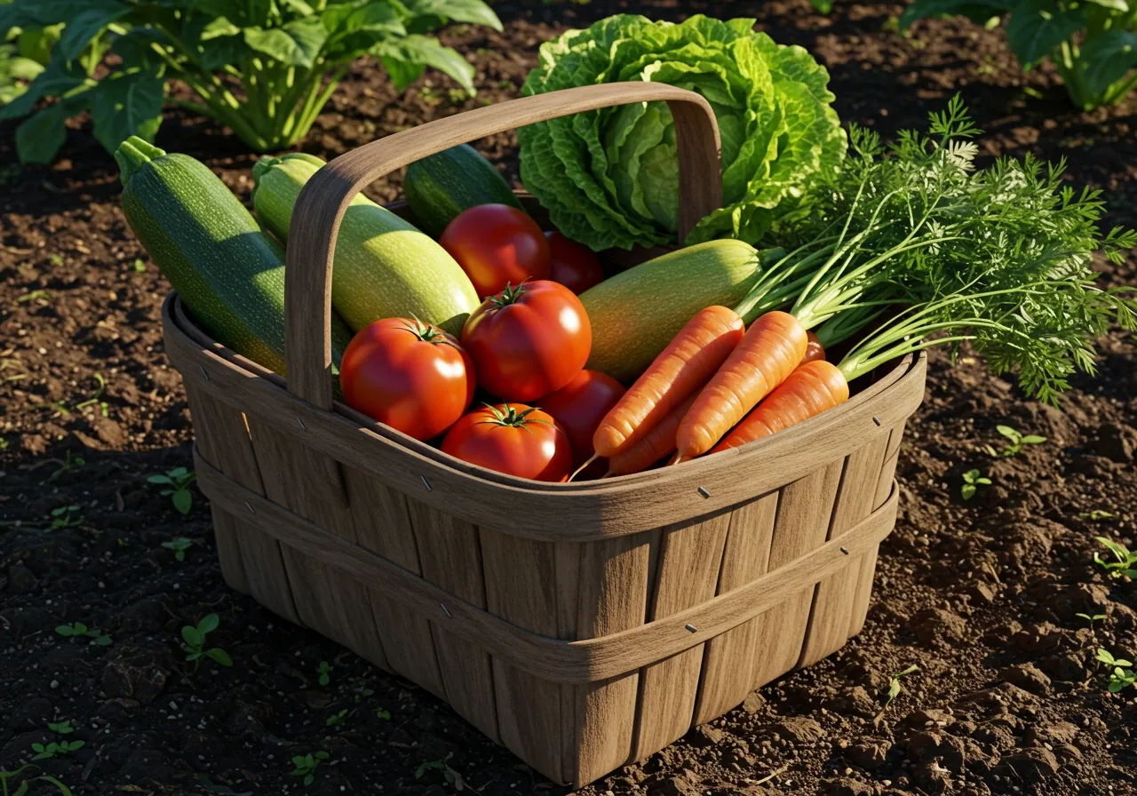 A visually appealing image showcasing a bountiful harvest. A rustic wooden crate or woven basket sitting on the grass or rich soil, overflowing with a colorful variety of freshly picked garden vegetables like red tomatoes, green zucchini, orange carrots, and leafy greens. Sunlight should warmly illuminate the scene, highlighting the fresh textures and vibrant colors. This represents 'The Payoff! (Harvest & Blooms)'.
