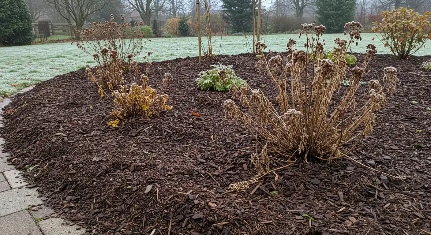 A visually appealing late autumn garden scene conveying readiness for winter. Focus on a neatly mulched garden bed with dormant perennials, perhaps some frost on the ground or plants, illustrating the concept of 'tucking the garden in'. Should evoke a sense of calm preparation.