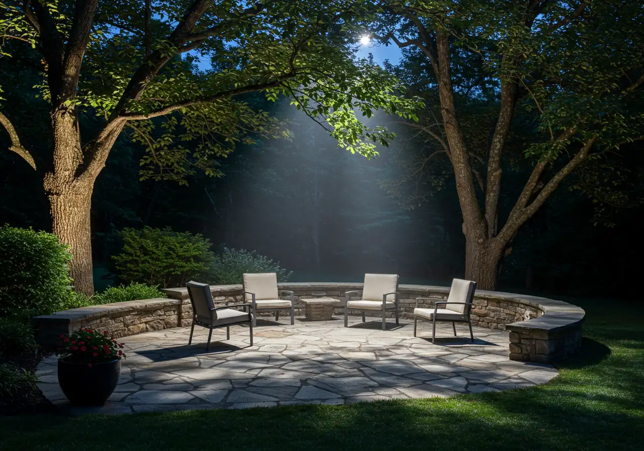 A view of a cozy stone patio seating area at night, situated beneath the canopy of a large tree. Soft, dappled light filters down from an unseen fixture mounted high in the tree, mimicking natural moonlight. The light creates gentle patterns on the patio stones and outdoor furniture, establishing a serene and romantic atmosphere.