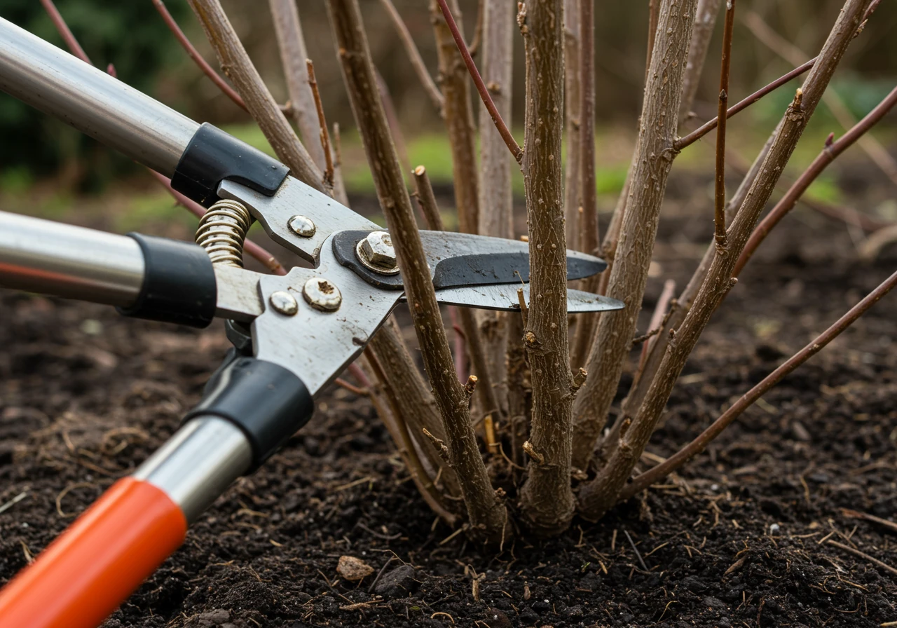 A clear, instructional-style photograph demonstrating the correct technique described in Step 3. Shows sharp, clean bypass loppers correctly positioned near the base of several dormant shrub stems (like Willow or Dogwood), about 4-6 inches above the ground, ready to make a clean cut. Focus is on the tool placement and cutting height.