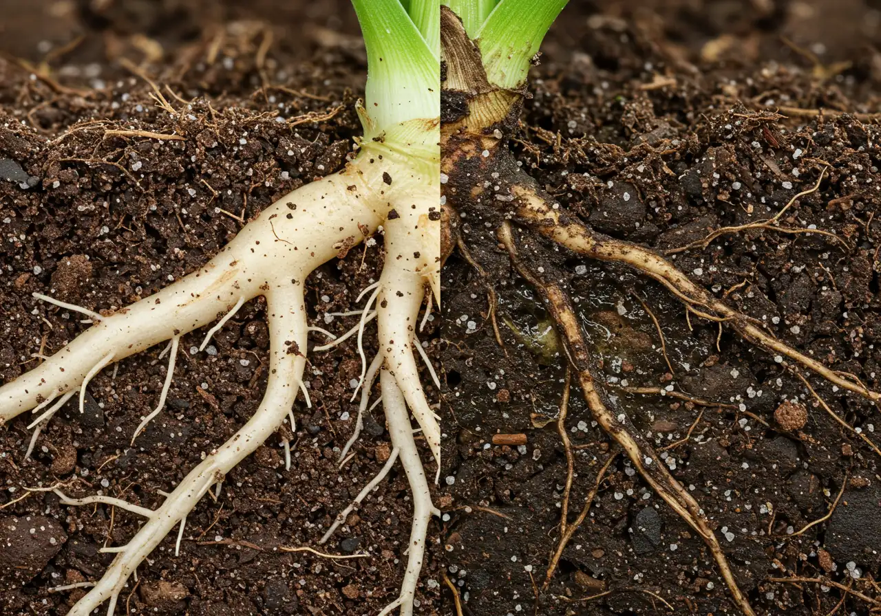 A clear, slightly magnified view comparing healthy plant roots (white, firm, fibrous) side-by-side with roots suffering from root rot (dark brown, mushy, decaying). The contrast should visually explain the 'Soggy Scoundrel' section.