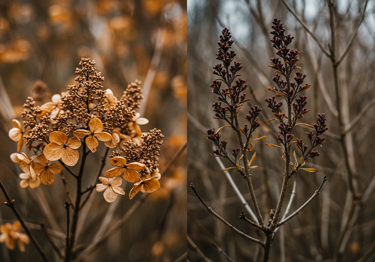 A helpful visual comparison showing close-ups of two different types of common shrubs side-by-side or as a split image. On one side, a Panicle Hydrangea ('Limelight' or similar) displaying its characteristic cone-shaped dried flower heads, representing a shrub suitable for fall pruning. On the other side, a Lilac shrub showing dormant buds along its stems, representing a shrub that blooms on old wood and should NOT be pruned heavily in fall.