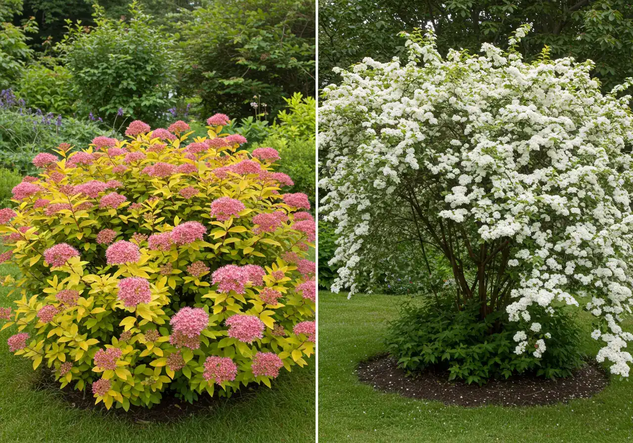 A split-screen or comparative image showcasing two distinct types of Spirea mentioned. One side features a Japanese Spirea variety (e.g., 'Goldflame' or 'Little Princess') with its characteristic colourful foliage and pink summer blooms. The other side shows a Bridal Wreath Spirea with its classic arching branches covered in white spring flowers.