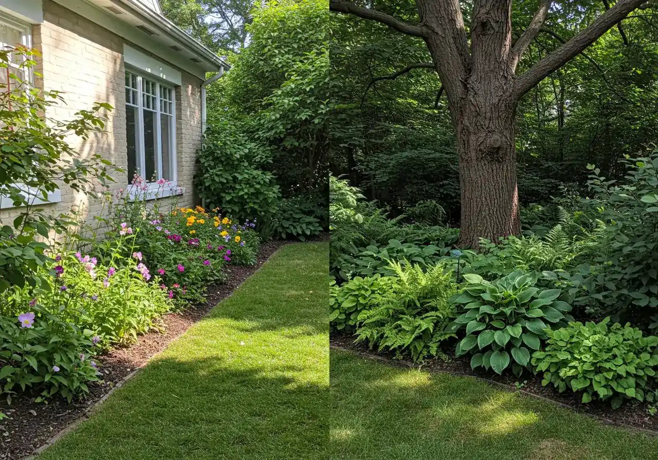 A split-view or collage illustrating garden microclimates. One side shows a bright, sun-drenched area next to a house wall with heat-loving plants. The other side shows a cool, shady corner under a large tree with shade-tolerant plants like hostas.