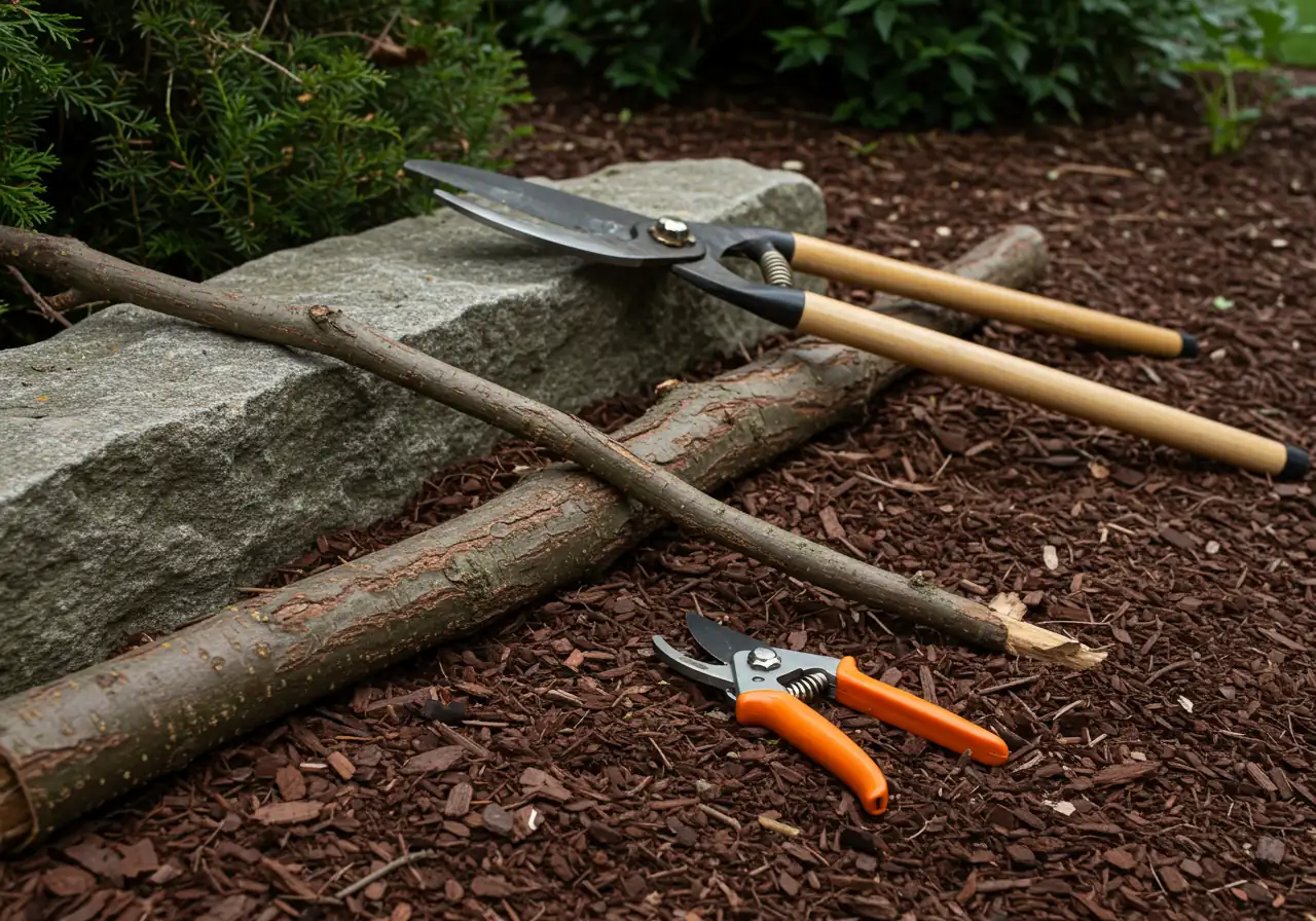 A composition visually contrasting the wrong tool with the right tool for a specific job. On one side, small, standard hand pruners are placed next to a thick, woody branch (clearly too large for them). On the other side, a pair of sturdy, long-handled loppers suitable for the thick branch rests nearby. This could be staged on a bed of wood mulch or against a tree trunk base to provide context.
