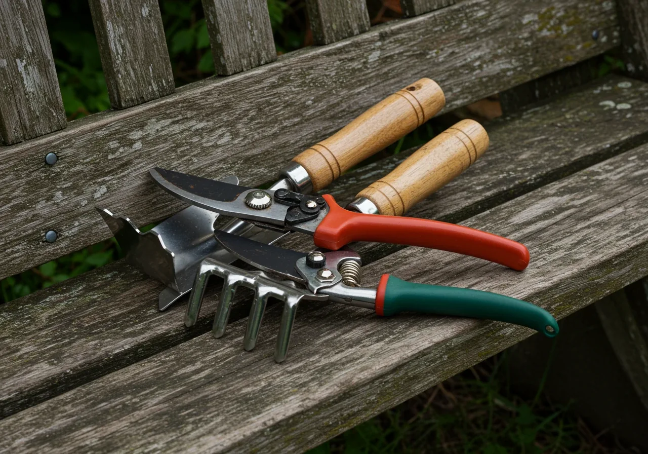 A still life arrangement of essential garden hand tools (pruning shears, trowel, hand cultivator) laid out neatly on a rustic wooden surface after being cleaned. The metal parts should gleam slightly, appearing free of dirt and rust, perhaps with a few stray water droplets suggesting they were just washed. No cleaning products or hands visible, just the clean tools ready for use.