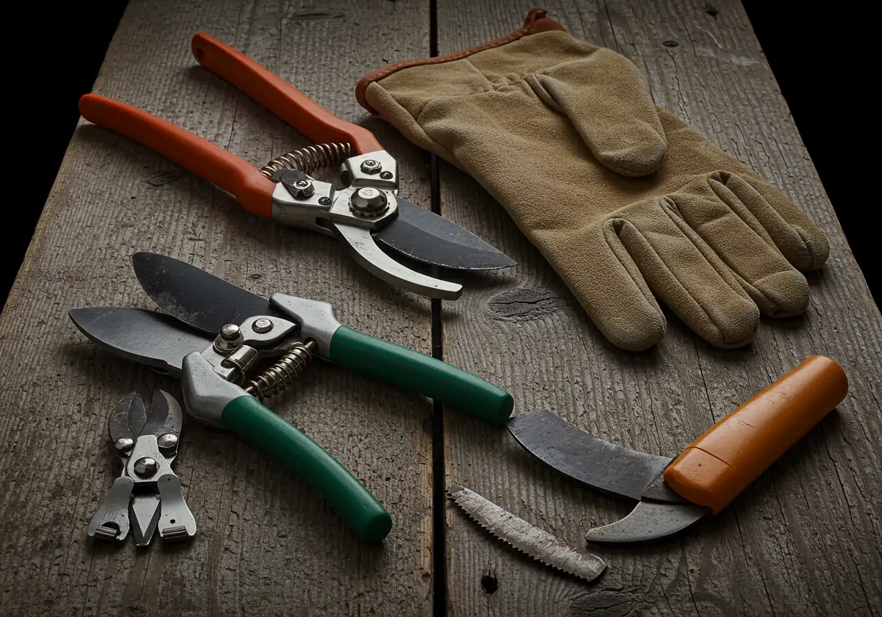 A clear, well-lit photograph showcasing the essential tools for rose pruning laid out neatly. Include sharp bypass pruners, sturdy loppers, a pruning saw, and thick gauntlet-style gardening gloves, perhaps arranged on a clean wooden surface or potting bench.