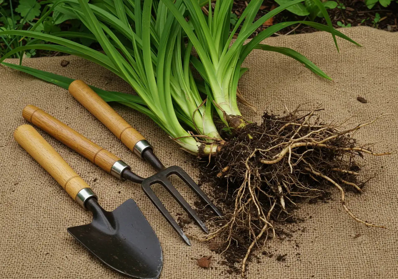 A clear, focused image illustrating the tools needed for division, laid out neatly beside a freshly dug-up perennial clump (roots visible, e.g., Daylily or Hosta). Include a clean, sharp spade, a sturdy garden fork, and possibly an old serrated knife resting on a piece of burlap or directly on the grass/soil next to the plant clump. No hands or people should be visible.