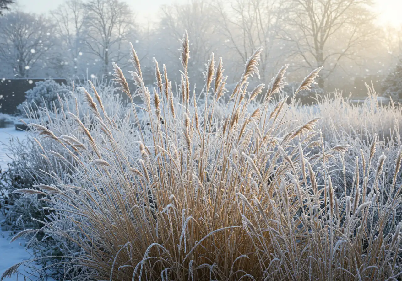 An image showcasing the 'winter interest' aspect. Tall, dormant ornamental grasses (like Switchgrass or Big Bluestem) covered in delicate frost or a light dusting of snow, standing upright in a winter garden landscape. The scene should convey structure and beauty against a backdrop of snow or bare branches, capturing the visual appeal discussed as a pro for spring cleanup.