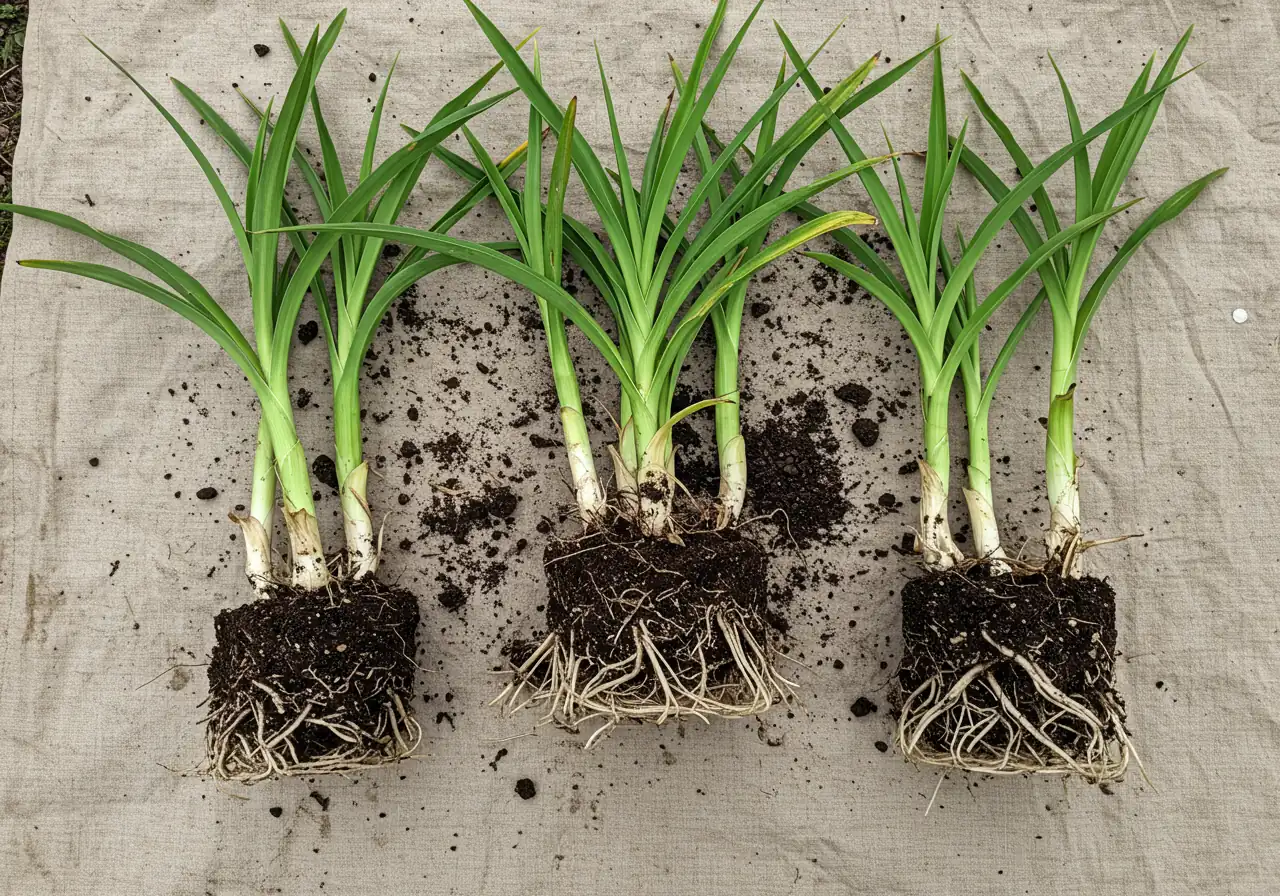 An excavated perennial clump, like a daylily or hosta, resting on a tarp, clearly separated into several viable divisions. This illustrates Step 3 (Divide and Conquer) without showing human hands, focusing on the result of the division.