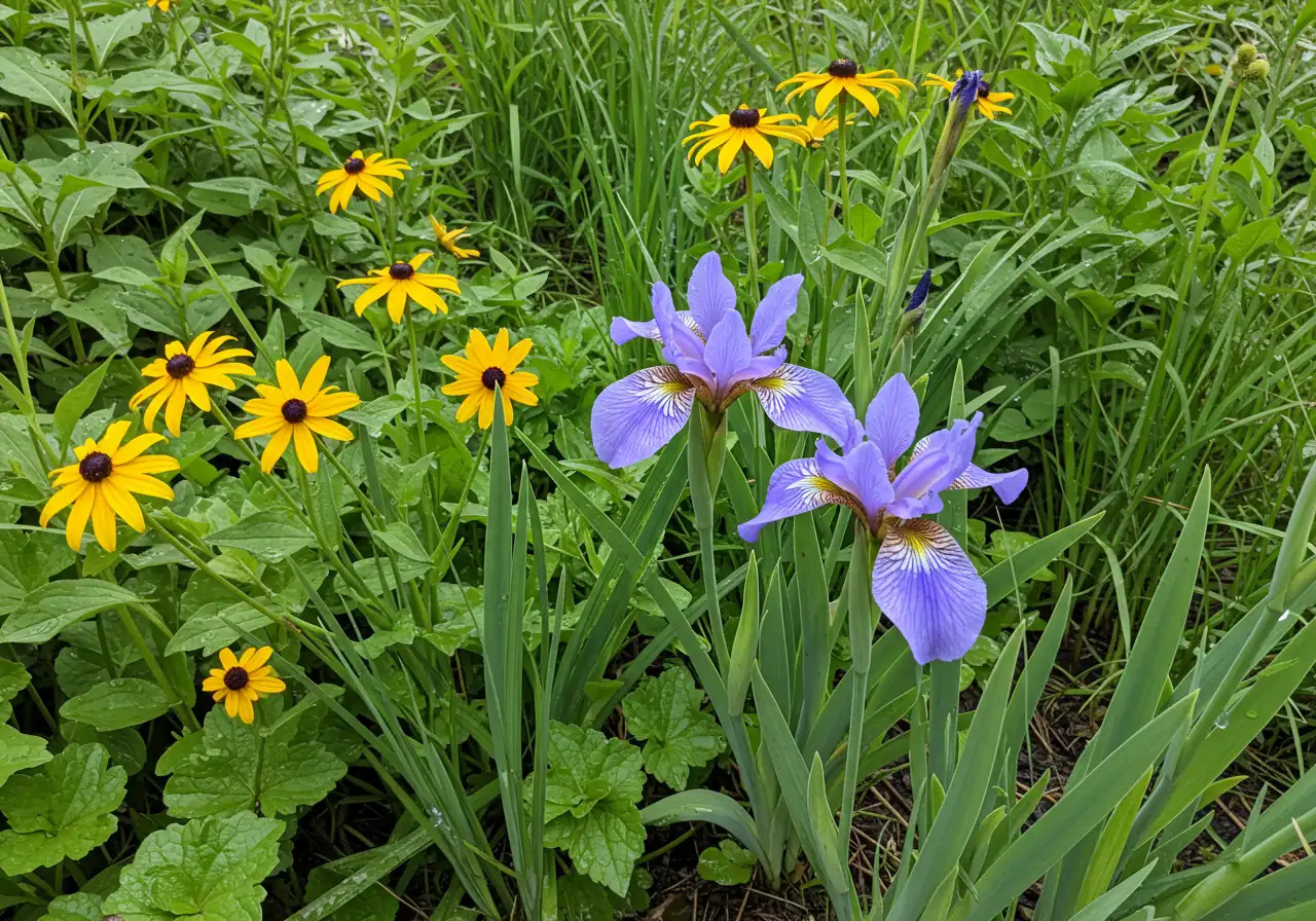 A vibrant close-up showcasing a variety of Ottawa-hardy native plants suitable for bioswales thriving in their environment. Include examples like Blue Flag Iris, Switchgrass, and Black-Eyed Susans growing together. Focus on the healthy foliage and flowers, perhaps with water droplets visible on leaves, suggesting tolerance for moisture. Highlight the biodiversity.