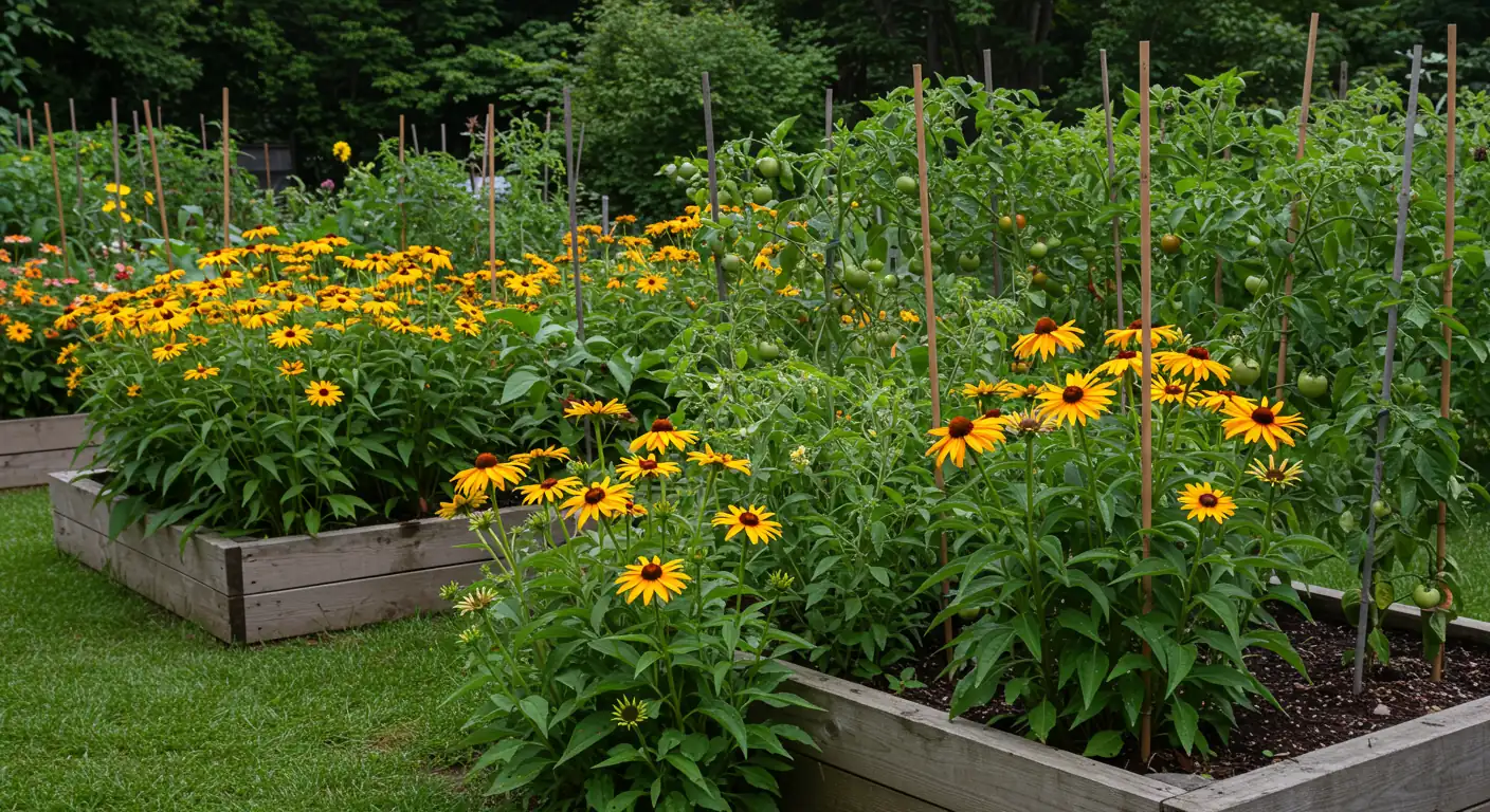 A vibrant and lush backyard garden scene typical of the Ottawa region in mid-summer. The image should showcase a mix of colourful blooming perennials (like echinacea or rudbeckia) and healthy vegetable plants (such as staked tomato plants laden with green fruit, or bushy pepper plants) thriving in well-maintained raised beds or neat garden rows. Focus on the abundance and health of the plants under bright, natural sunlight, perhaps with dew drops visible if depicting early morning. No people, just the flourishing garden landscape.