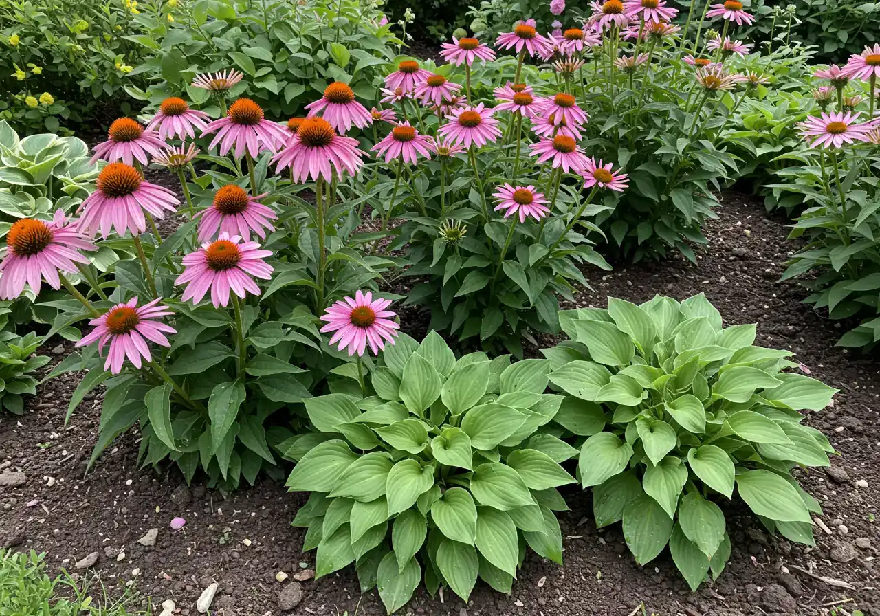 A vibrant photograph showcasing a grouping of healthy Coneflowers (Echinacea) with bright pink or purple blooms and sturdy Hostas with large green leaves thriving together in a garden setting. The soil around their base should look dark and reasonably textured, implying improved clay soil conditions. Focus on the plant health and beauty.