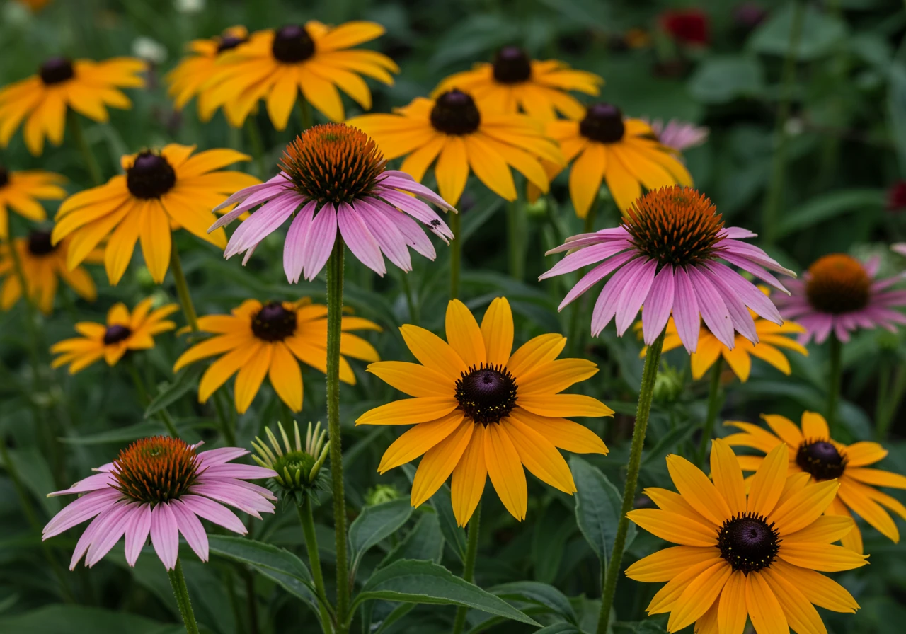 A vibrant, colourful image capturing a cluster of healthy perennial flowers (like Echinacea or Rudbeckia, common in Ottawa gardens) in full, peak bloom within a well-maintained garden bed. Focus is on the detailed petals and flower heads, potentially with a blurred background showing more garden greenery. Could include a bee or butterfly pollinator on one flower.