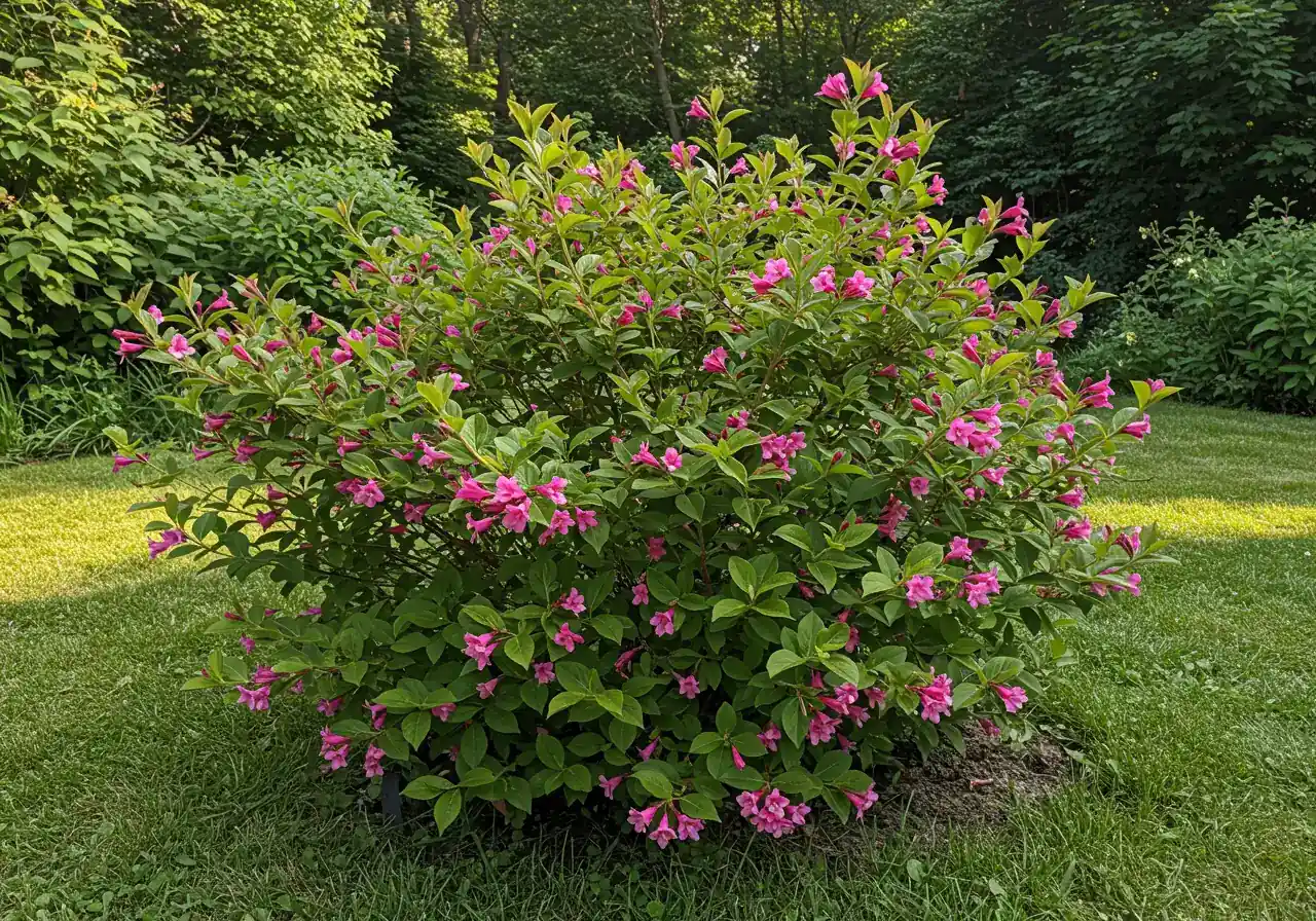 A medium shot of a healthy, compact Weigela shrub experiencing its secondary flush of blooms in late summer or early fall. The image should show sparser, but still noticeable and vibrant, flowers scattered amongst the green foliage, clearly distinct from the heavy spring bloom. The overall impression should be of a healthy plant offering bonus color later in the season. Soft, late-day sunlight.