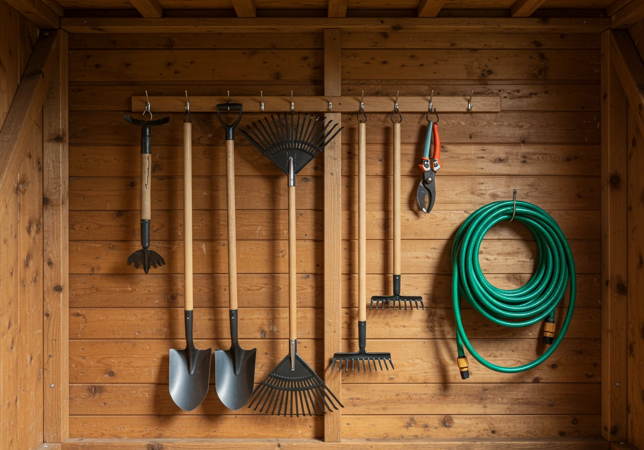 An interior view of a tidy, well-organized wooden garden shed wall. Clean garden tools, including a shovel, rake, and hand pruners, are hanging neatly from sturdy hooks against the wooden planks. A green garden hose is coiled properly and hung separately. The area is clean, dry, and well-lit, conveying effective storage.