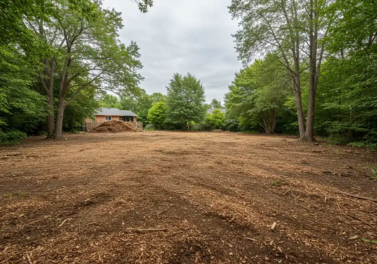 A wide-angle shot showing a residential plot of land *after* clearing. The ground is mostly bare earth, possibly showing subtle tracks from machinery, graded relatively smooth. A pile of fresh wood chips might be visible to one side, and perhaps a few mature trees intentionally left standing at the property edge. The image conveys a 'blank canvas' ready for soil preparation and landscaping.